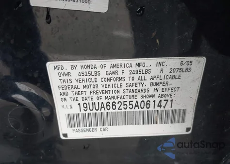 2005 Acura Tl from USA, damaged, VIN 19UUA66255A061471